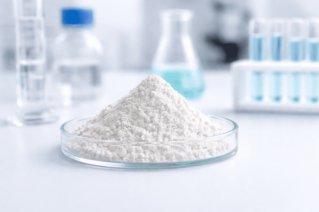 White Iranian kaolin sample in a laboratory glass container ready for analysis