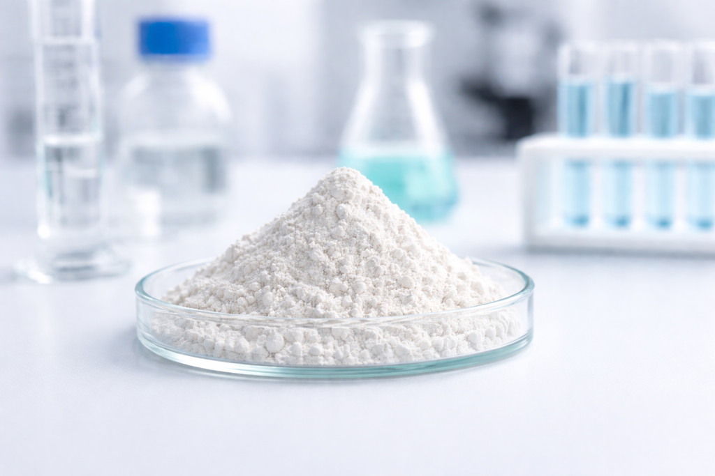 White Iranian kaolin sample in a laboratory glass container ready for analysis