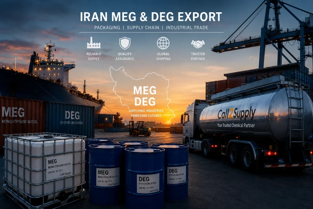 Iran DEG and MEG export supply chain with petrochemical storage tanks, Industrial drums, and global chemical shipping infrastructure.
