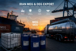 Iran DEG and MEG export supply chain with petrochemical storage tanks, Industrial drums, and global chemical shipping infrastructure.