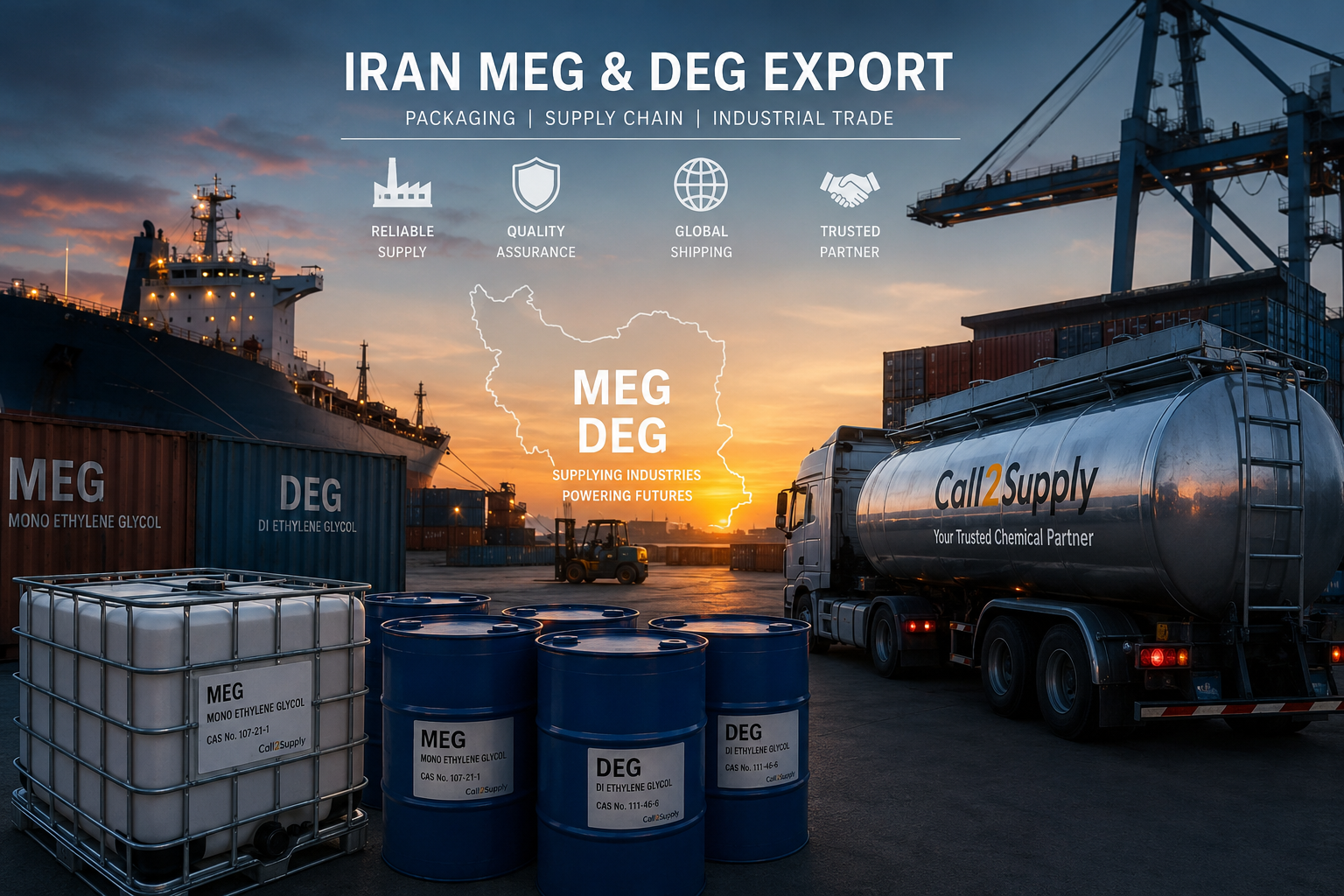 Iran DEG and MEG export supply chain with petrochemical storage tanks, Industrial drums, and global chemical shipping infrastructure.