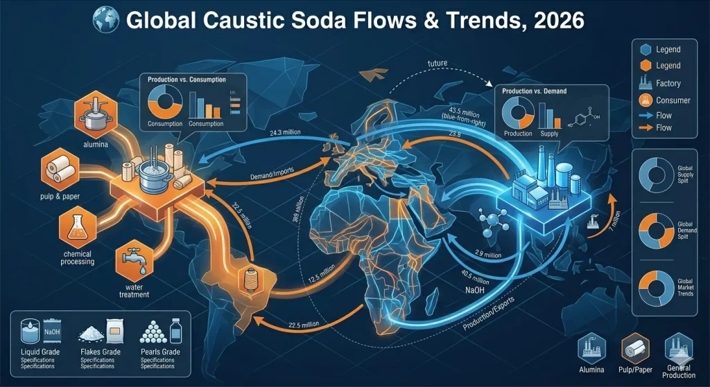 Global caustic soda market flows and trends in 2026 showing production, consumption, imports, exports, demand, and industrial applications of sodium hydroxide (NaOH).