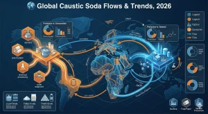 Global caustic soda market flows and trends in 2026 showing production, consumption, imports, exports, demand, and industrial applications of sodium hydroxide (NaOH).