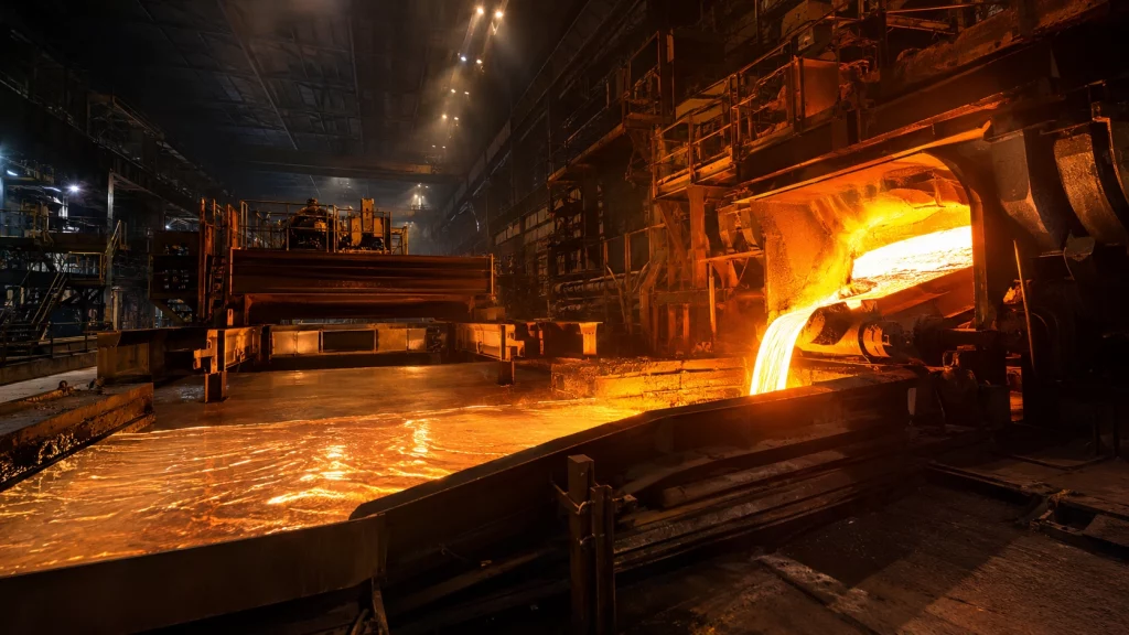 Automated float glass production line inside a leading Iran glass supplier factory, showing molten glass flowing from a high-temperature furnace.