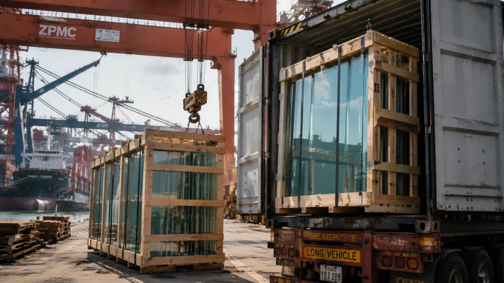 Heavy-duty wooden crates packing massive float glass sheets ready for container shipping at a busy port, managed by a reliable Iran glass supplier.
