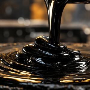 Close-up of premium Bitumen VG 40 pouring with a thick, glossy black texture under industrial lighting